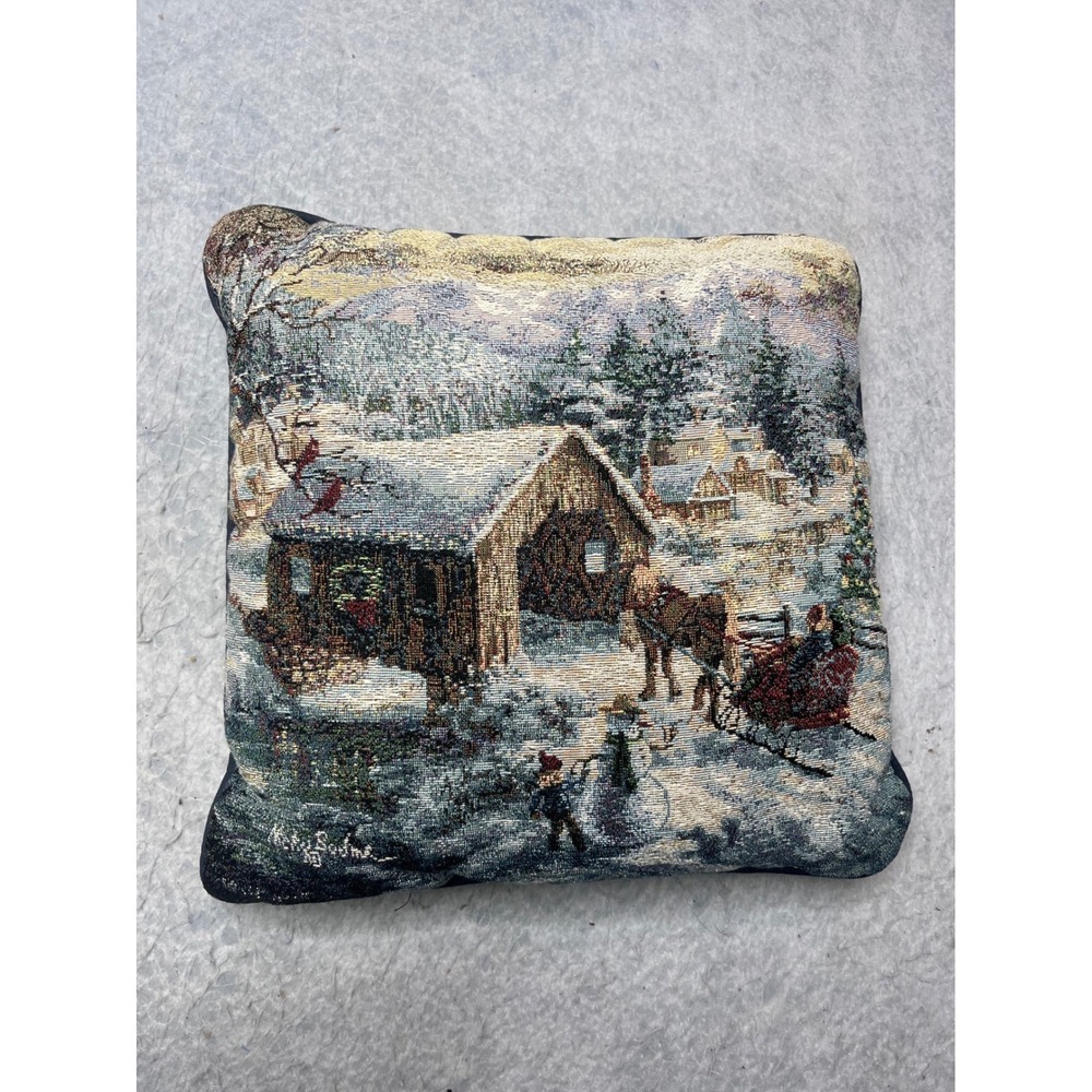 Nicky Boehme Winter Tapestry Throw Pillow snow Bridge Sleigh Scene